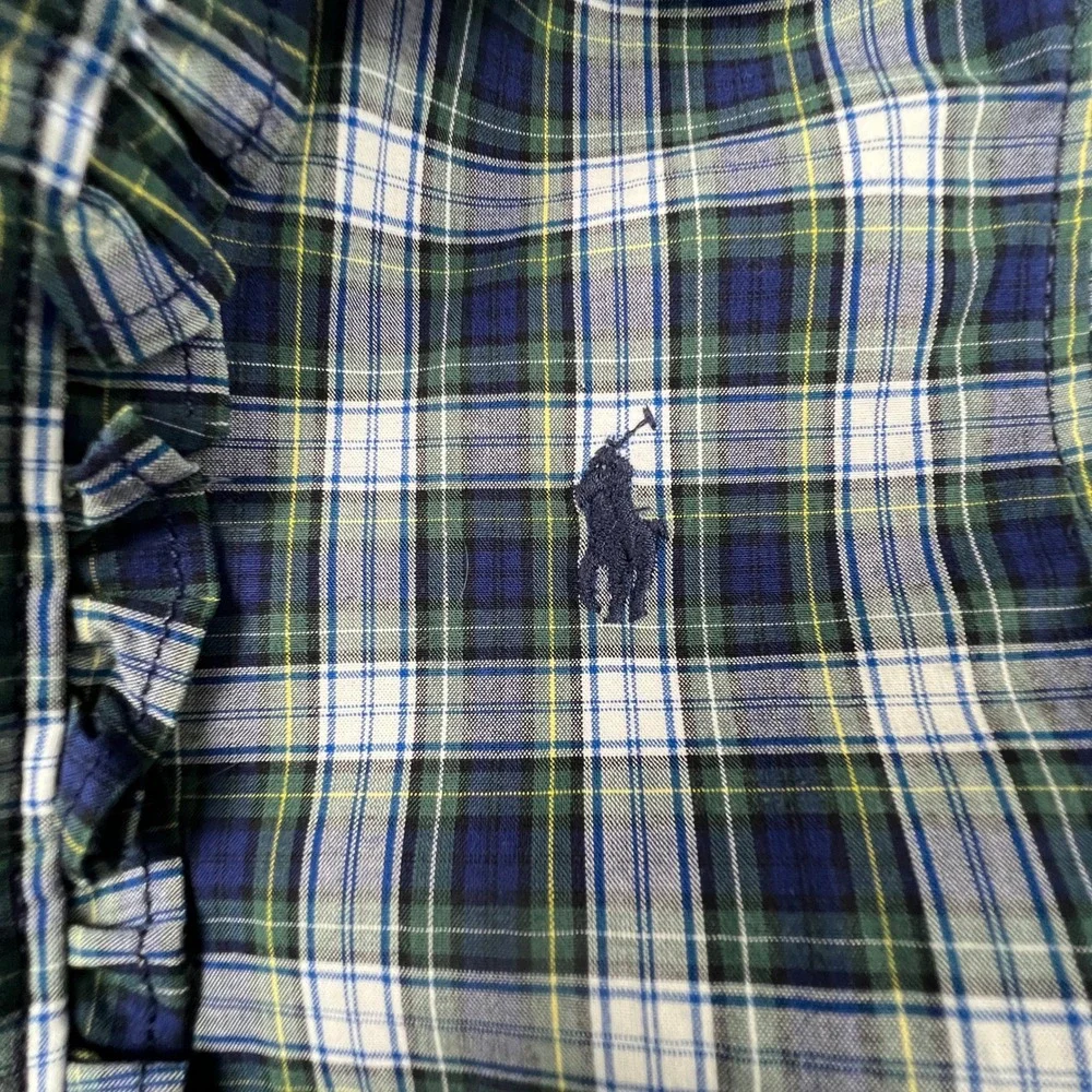 Ralph Lauren Plaid Dress Set Kids 18M Navy Green Ruffle Peter Pan Collar Preppy